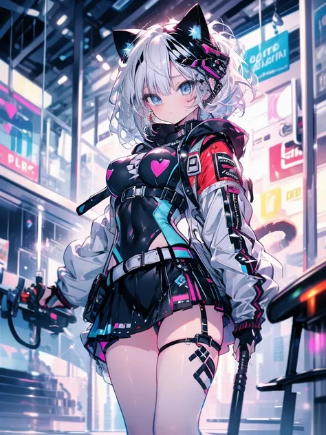 highest quality, masterpiece, long eyelashes, blue eyes punk girl, Dressed in punk clothes, super mini skirt, Sparkling, big breasts, Cat ear, white hair,