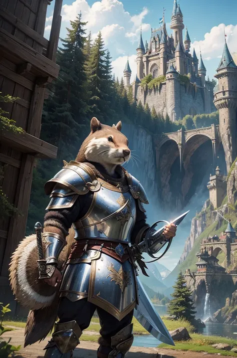 Realistic beaver warrior photo, wearing a shiny armour with sword and shield, epic fantasy castle in the background, one beaver, fantasy