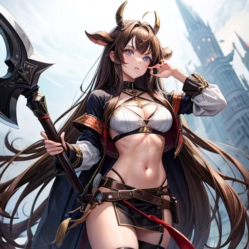 Brown haired Minotaur　Blue-eyed beautiful boy　　Cow horn　Cow earless　Has an axe　　long hair　Crossdresser