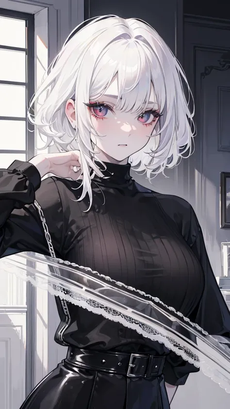 Best quality, masterpiece, super high resolution, (realism: 1.4), white hair, white curly hair, short hair, pale skin, bedhead, wispy bangs, black turtleneck, black lipstick, black long sleeves, indoors, eye shadow, mascara, black clothing, full_body, goth...