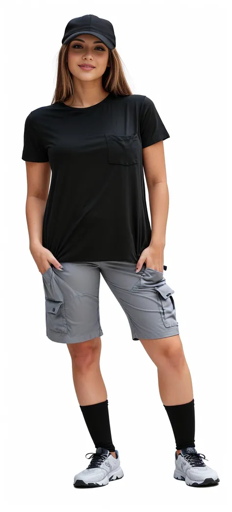 fit woman in black shirt and gray shorts posing for a photo, complete view, with two front pockets, full height view, wearing shorts and t-shirt, full body view entrelaçada, full body view, placed against a white background, casual modern clothing, complet...