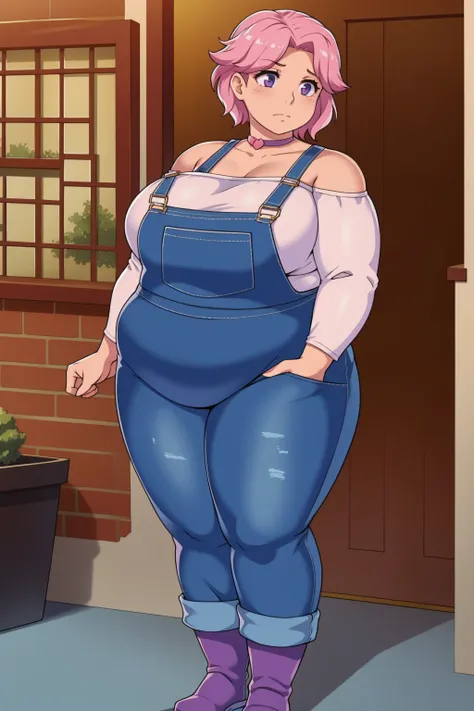 (Obese:1.1),fat, Slightly chubby, sad, farm backround, Full body, looking at viewer, 1girl, solo, short pink hair, (dark blue choker), (dark blue denim overalls), (purple eyes), (pink boots), (white shoulder lantern sleeve blouse, tucked in pants