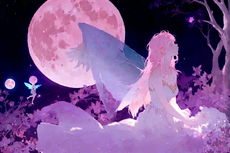 a fairy in a dreamlike night, whimsical fairytale background, dreamlike illustration, magical fairy background, pink moon, moonlit background, dreamy moonlit atmosphere, stars and moon themed, magical background, moon background, highly magical and dreamli...