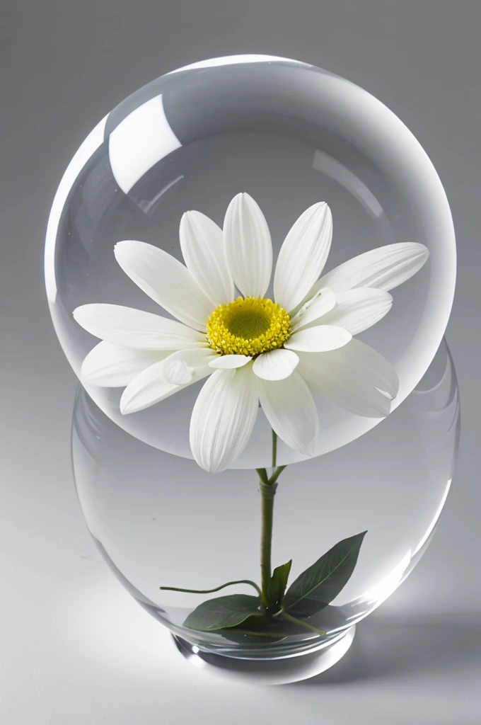 Creates a solitary white flower without any color encapsulated in a transparent sphere with a white background.