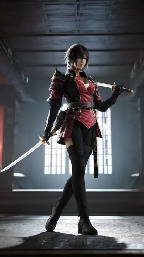 a woman holding a sword in a dark room, 2. 5 d cgi anime fantasy artwork, holding a black katana, stuning fantasy 3 d render, holding katana, unreal engine character art, unsheathing her katana, she is holding a katana sword, yasuke 5 0 0 px models, dramat...