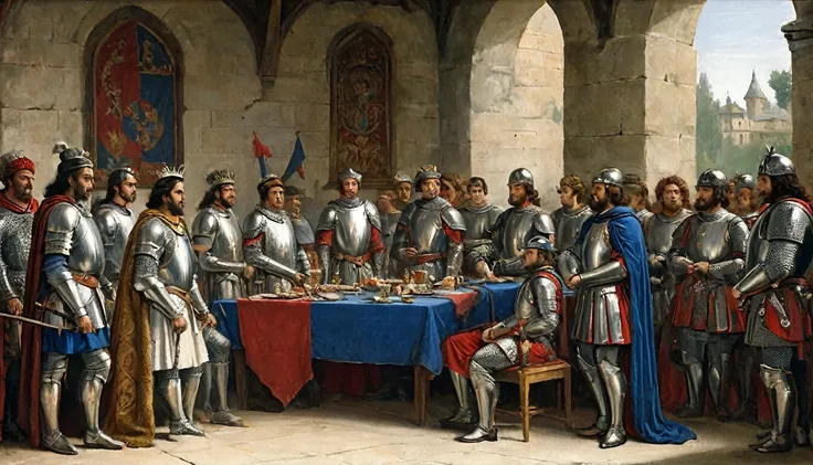 14th century, French nobles in armor. The scene shows several French nobles dressed in impressive plate armor and crests adorned with their family coats of arms. They are gathered in a medieval throne room, lit by torches that cast dancing shadows across t...