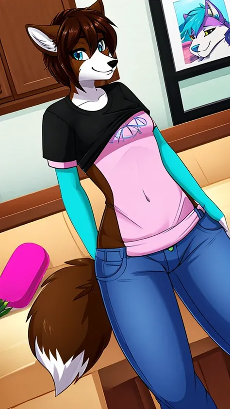 there is a draw image of a wolf, cyan, white, pink ,shirt arm with long, pants black, draw avatar, fursona, furry style, furry character, furry furaffinity, furry fursona, thicc, furry cute style, fursona!!!!, halfbody, fursona, cheap brown hair long girl,...