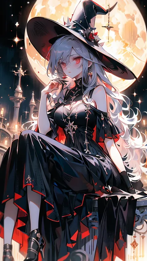 adult lady, long silver hair, ruby eyes, black gothic dress, grim reaper scythe