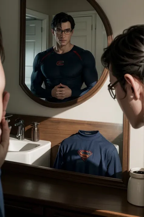 clark kent played by david corenswet looking in the mirror and seeing himself in superman&#39;s classic uniform