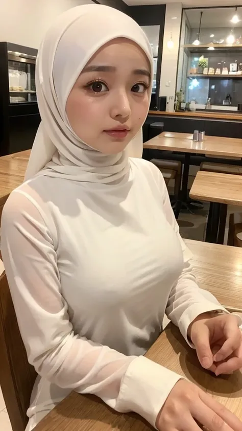 1girl, girl wearing hijab, Indonesian girl, big eyes, curly eyelashes, flat nose, rosy cheeks, thick lips, big breasts, seductive, shy, girl with a nervous expression, shy girl, wearing a plain white shirt, sitting in a cafe, there are lots of cakes on the...