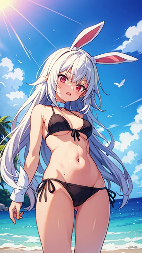 Pumped body, white hair, bunny ears, red eyes, angry face, bikini, wet skin, tanned skin, beach, sun, woman, solo, Bottom view