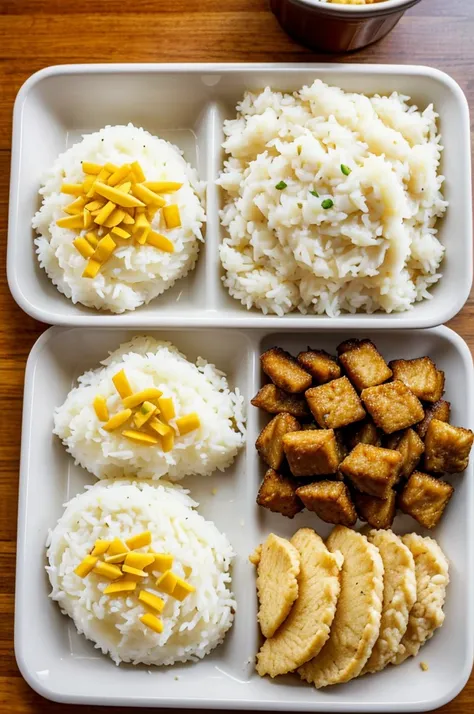 Plate of white rice with mashed potatoes and two crispy chicken pieces, The plate you serve it on is a rectangular disposable plate., The place where they sell it is the KFC food court.