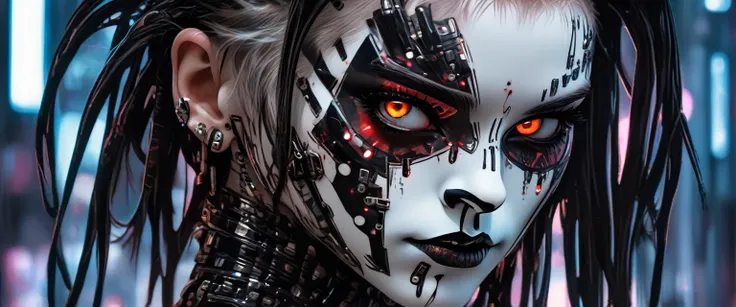 anime artwork, commercial portrait, (full body shot:1.6), cyberpunk style, 1girl, white face paint, black bleeding mascara, perfect anatomy, posing for the camera, stunningly beautiful, perfect face, glowing eyes, intricate details, ultra-realistic, high s...