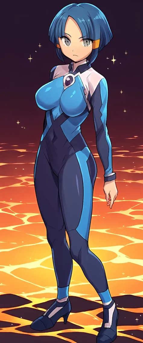 best quality,ultra detailed,solo,score_9, score_8_up, score_7_up, score_6_up, score_5_up, score_4_up, source_anime, 1girl, clara, blue hair, hair tubes, grey eyes, black bodysuit,big breasts, standing sexy pose, (front view,portrait),full body, standing on...