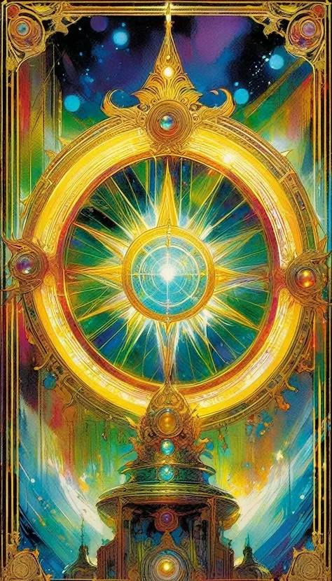 ((tarot card)) WHEEL OF FORTUNE ((card frame)), artwork by Bill Sienkiewicz, vivid colors, intricate details, oil.