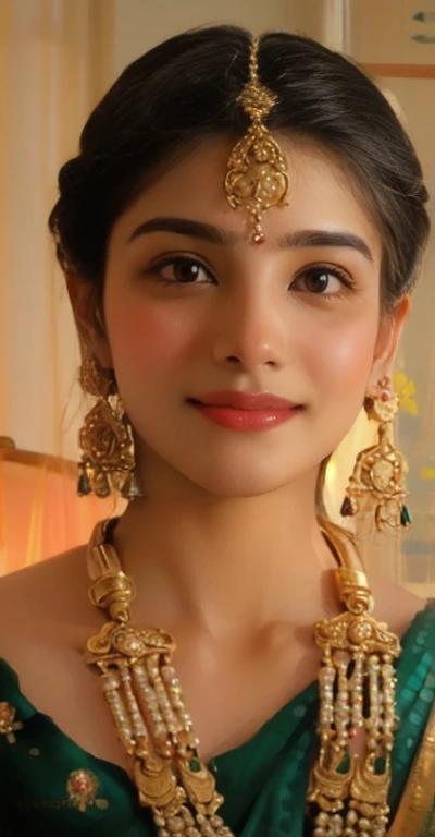 a woman in a green sari and gold jewelry, inspired by t. k. padmini, traditional beauty, earings, closeup portrait shot, inspire...