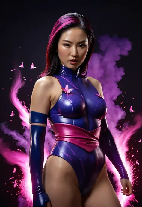 half body, portrait Illustration of PSYLOCKE from x-men, an beatiful japanese girl envolve in a energy pink aura, little butterflies made of purple energy plasma; dark background, psylocke, realistic, photo-realistic, 8k, highly detailed, full length frame...