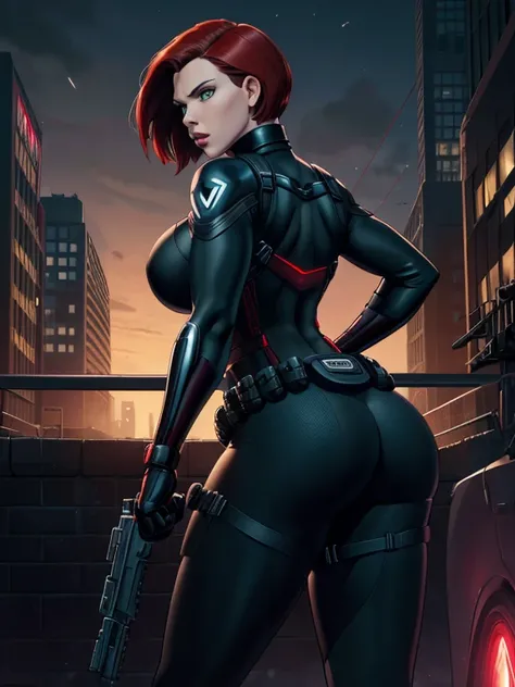 Scarlett Johansson as Black Widow, ((Masterpiece)); ((Natural Beauty)); ((Ultrarealistic green eyes)); ((Ultrarealistic fair white skin)); ((Ultrarealistic round boobs)); ((Ultrarealistic red short classic bob haircut hairstyle)); ((Ultrarealistic round As...