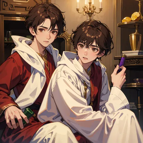 2males, twins, short brown hair, brown eyes, white greek robes, cute, pretty faces, ancient bedroom, wine, grapes