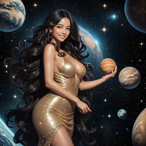 Woman with very long wavy big breast and black hair tan skin wearing a beautiful  glitter dress and smiling up. Little, surrounded by outerspace, planets, and galaxies