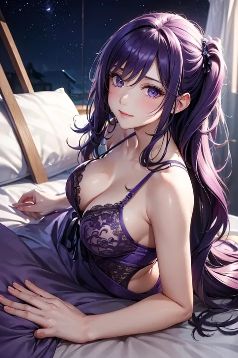 (Best Quality,High resolution,8K,finelity detailed background,Masterpiece:1.2),beautiful girl,Shiny purple hair,messy hair,Purple Eyes,Gentle look,A refreshing look,Best quality,Best Quality,Aesthetic and aesthetic:1.2,Best details((Super detailed))(High-d...