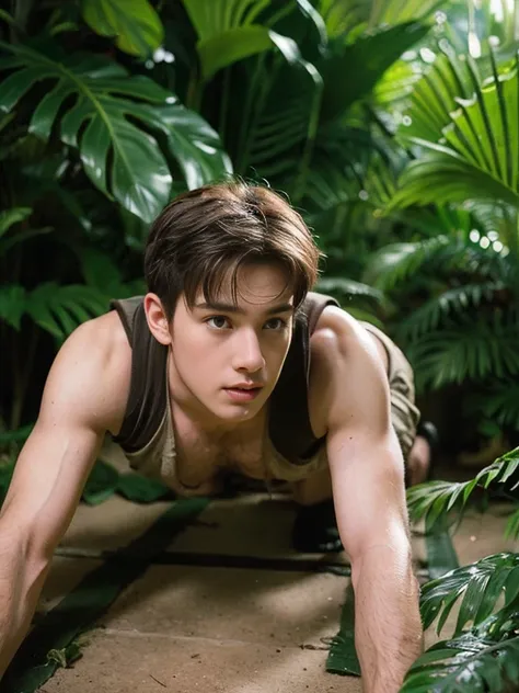 ((( male character and a group of men - a young adult male explorer with messy brown hair and tight erotic expedition jungle out...