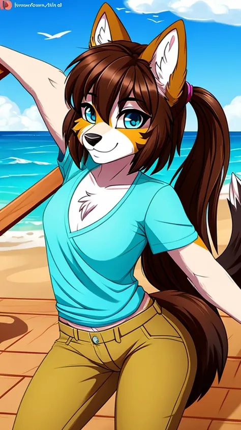 there is a draw image of a wolf, body with cyan and white top pink head, shirt arm with long, pants black, draw avatar, fursona, furry style, furry character, furry furaffinity, furry fursona, thicc, furry cute style, fursona!!!!, halfbody, fursona, cheap ...