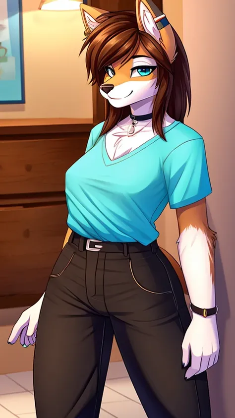 there is a draw image of a wolf, body with cyan and white top pink head, shirt arm with long, pants black, draw avatar, fursona, furry style, furry character, furry furaffinity, furry fursona, thicc, furry cute style, fursona!!!!, halfbody, fursona, cheap ...