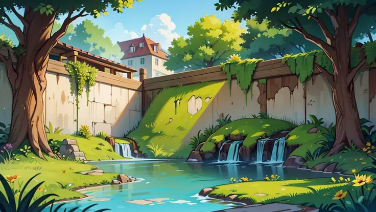 landscape image, the walls of a city covered in ooze gates shut tall yellow grass and pools of mud outside of the walls, wooden fortifications set up outside of the walls 