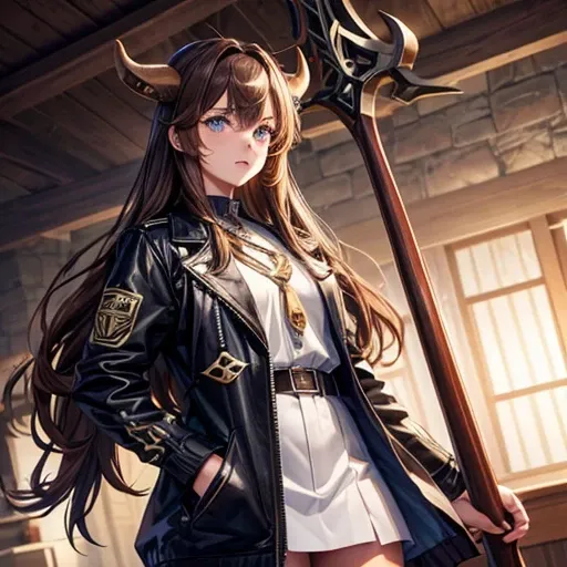 Brown haired Minotaur　Blue-eyed beautiful boy　　Cow horn　Cow earless　Have a battle axe　　long hair　Crossdresser　Wearing a jacket