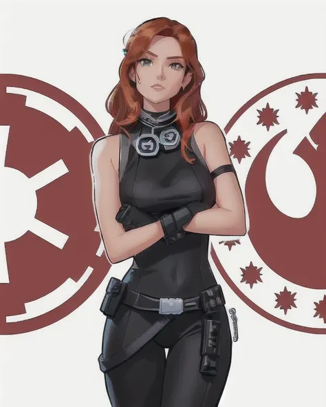 a cartoon of a woman in a black outfit with a star wars emblem, mara jade skywalker, mara jade, jaina solo, phil noto comicbook cover art, phil noto, phil noto comic art, inspired by Shog Janit, an imperial agent from star wars, solo female character, full...