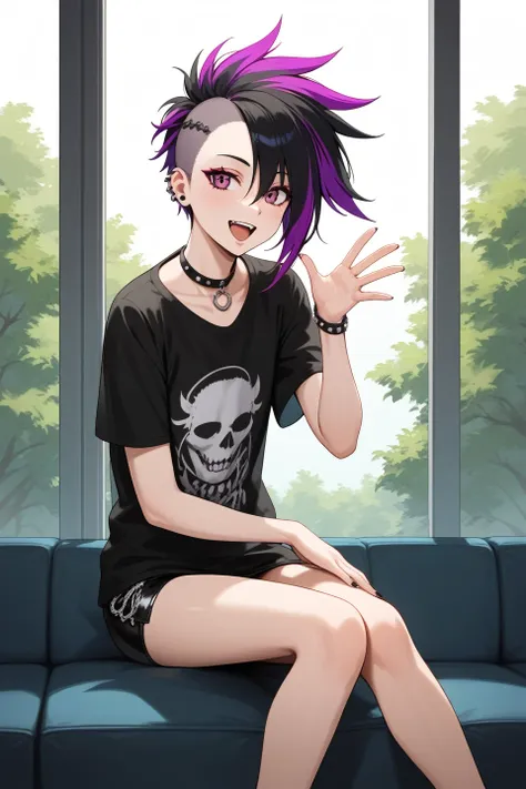 score_9,best quality,
1girl,t-shirt,punk,sitting,open mouth