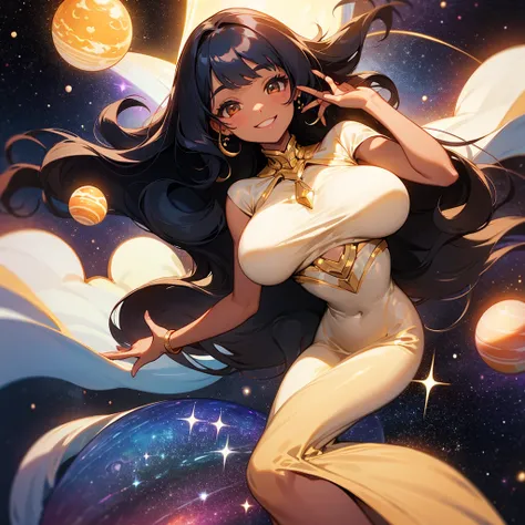 Woman with very long wavy big breast and black hair tan skin wearing a beautiful  glitter dress and smiling up. Little, surrounded by outerspace, planets, and galaxies