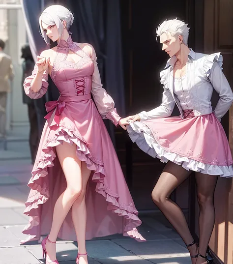 Vergil from Devil may cry Wearing a pink  Lacy skirt and high heels