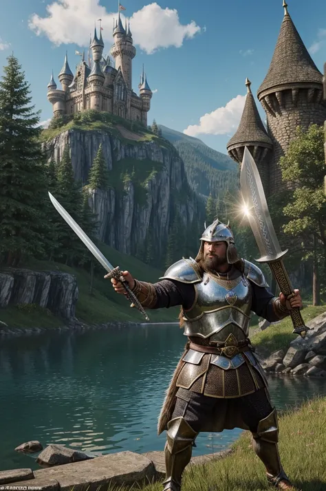 Realistic beaver warrior photo, wearing a shiny armour, sword in one hand and shield in second, epic fantasy castle in the background, one beaver, fantasy, 2 large teeths out