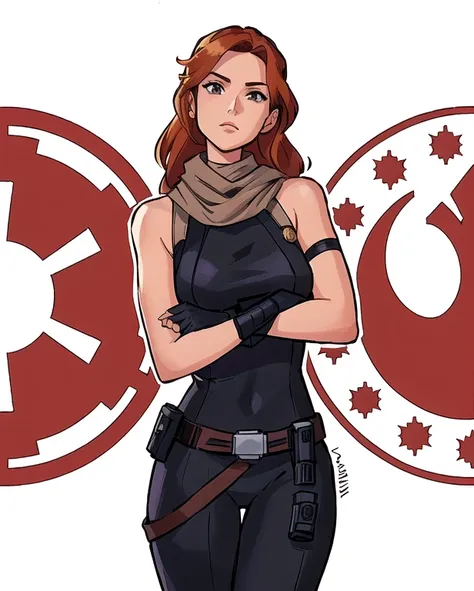 a cartoon of a woman in a black outfit with a star wars emblem, mara jade skywalker, mara jade, jaina solo, phil noto comicbook ...