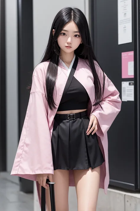 17 year old woman, japanese, height 1,55,  waist-length black hair, Almond-colored eyes, and pulled, skin fair, long-sleeved robes in pantone pink,  black mini skirt with leggings and high combat boots, with two swords on his back