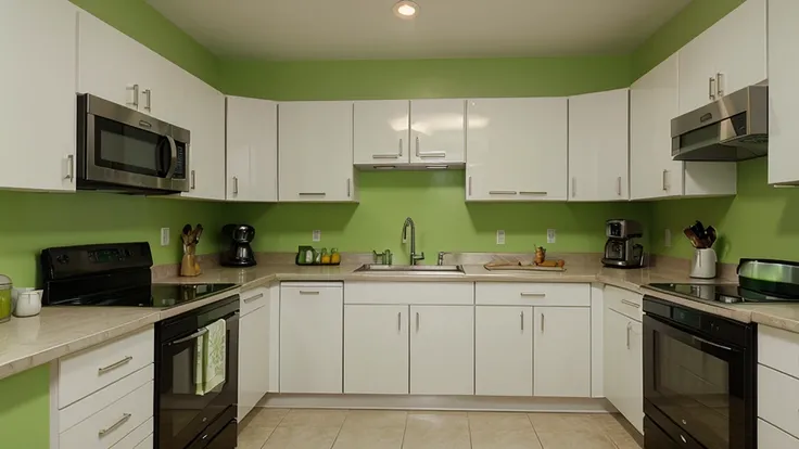 I need to replace a green background, For that I require a scene of a light-colored and modern kitchen.