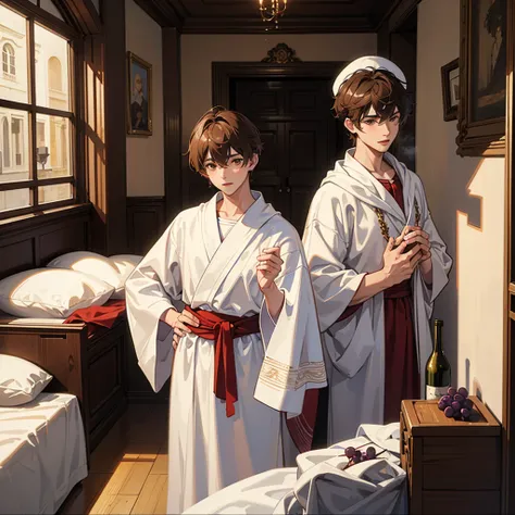 2males, ((twins)), male focus, short brown hair, brown eyes, white greek robes, cute, pretty faces, ancient bedroom, wine, grapes