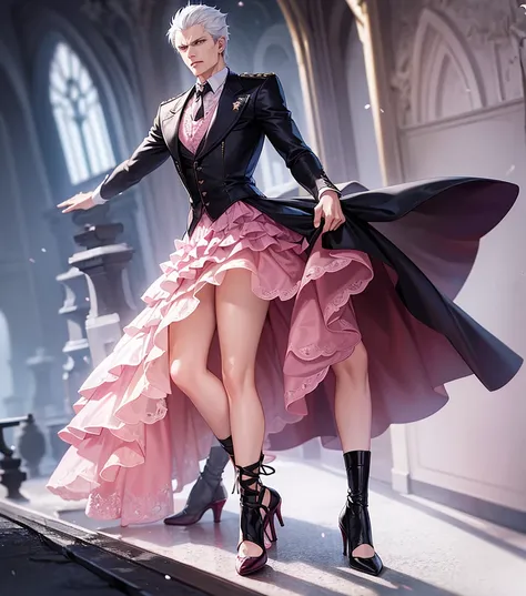 Vergil from Devil may cry Wearing a pink  Lacy skirt and high heels