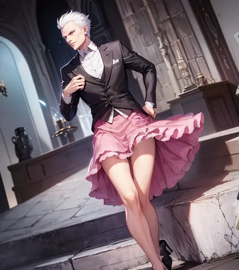 Vergil from Devil may cry Wearing a pink  Lacy skirt and high heels