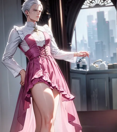 Vergil from Devil may cry Wearing a pink  Lacy skirt and high heels