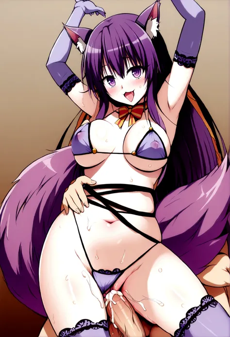 {{sairenji haruna}}, {{{to love-ru}}}, (((((dangerous_beast))))),(((purple fur bikini laced by black strings))), nsfw, ahegao, vulgarity, smile, 1boy,1girl, Purple fur collar,Purple fur-trimmed elbow gloves,Purple fur-trimmed legwear,Purple fur on side of ...