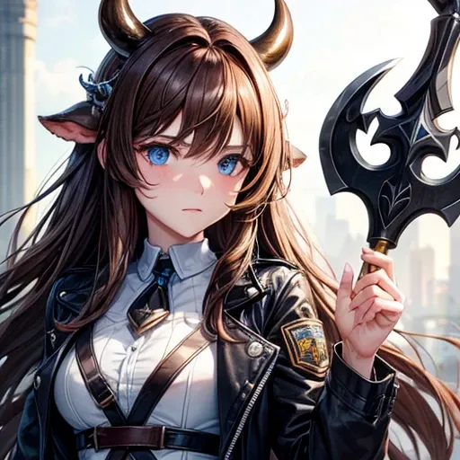 A beautiful boy with brown hair and blue eyes　　Cow horn　Cow earless　Have a battle axe　　long hair　Crossdresser　Wearing a jacket　