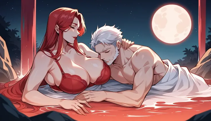 score_9, score_8_up, score_7_up, source_anime, 1 woman, 1 man, mature woman, long intense red hair long hair, red lipstick, red bra, covered in red veils, hands in her waist, lying in a waterfall, with a 1 man, white poited hair, white beard, strong, night...