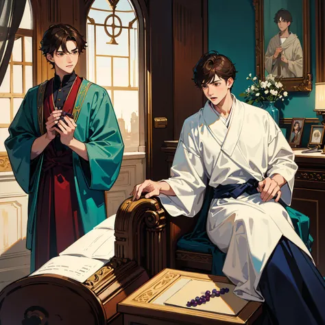 2males, ((twins)), male focus, short brown hair, brown eyes, white greek robes, teal and navy accents, cute, pretty faces, ancient bedroom, wine, grapes