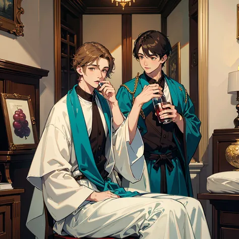 2males, ((twins)), male focus, short brown hair, brown eyes, white greek robes, teal and navy accents, cute, pretty faces, ancient bedroom, wine, grapes