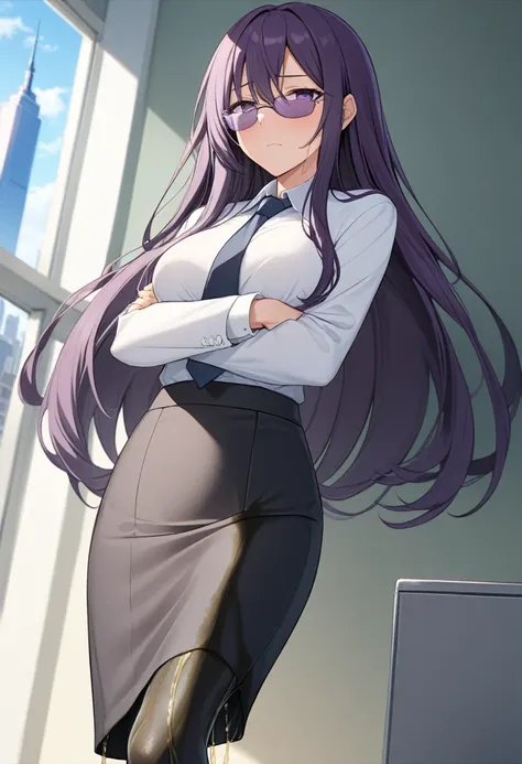 (masterpiece:1.37), best quality, (extremely detailed:1.37), office, window overlooking a bustling cityscape, woman, (mature:1.75), (adult:1.5), (very long hair:1.5), dark purple hair, purple eyes, (extremely detailed eyes:1.37), breasts, sunglasses, busin...