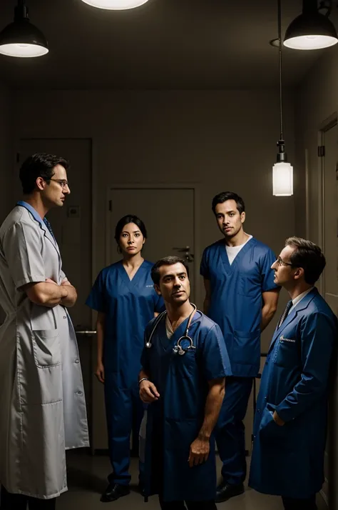 4 doctors in a surgery in a dark place and focusing on an adult doctor in an American shot