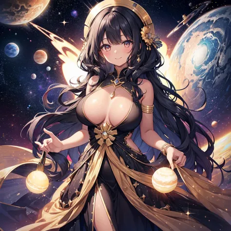 Woman with very long wavy big breast and black hair tan skin wearing a beautiful  glitter dress and smiling up. Little, surrounded by outerspace, planets, and galaxies